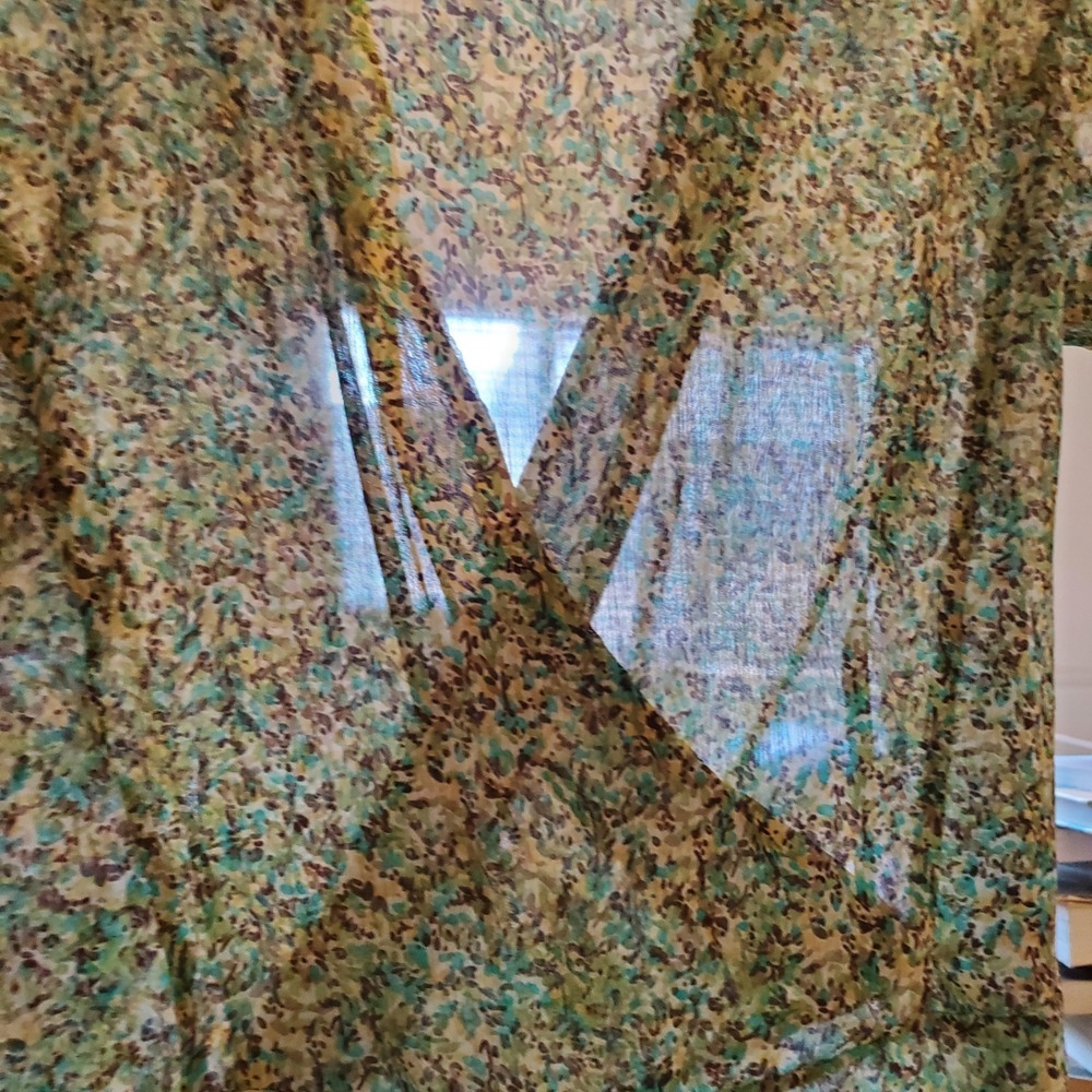 M.S.K. Floral Wrap V-Neck Midi Dress Green Teal Short Sleeve Ruffle Hem Womens - Picture 14 of 14